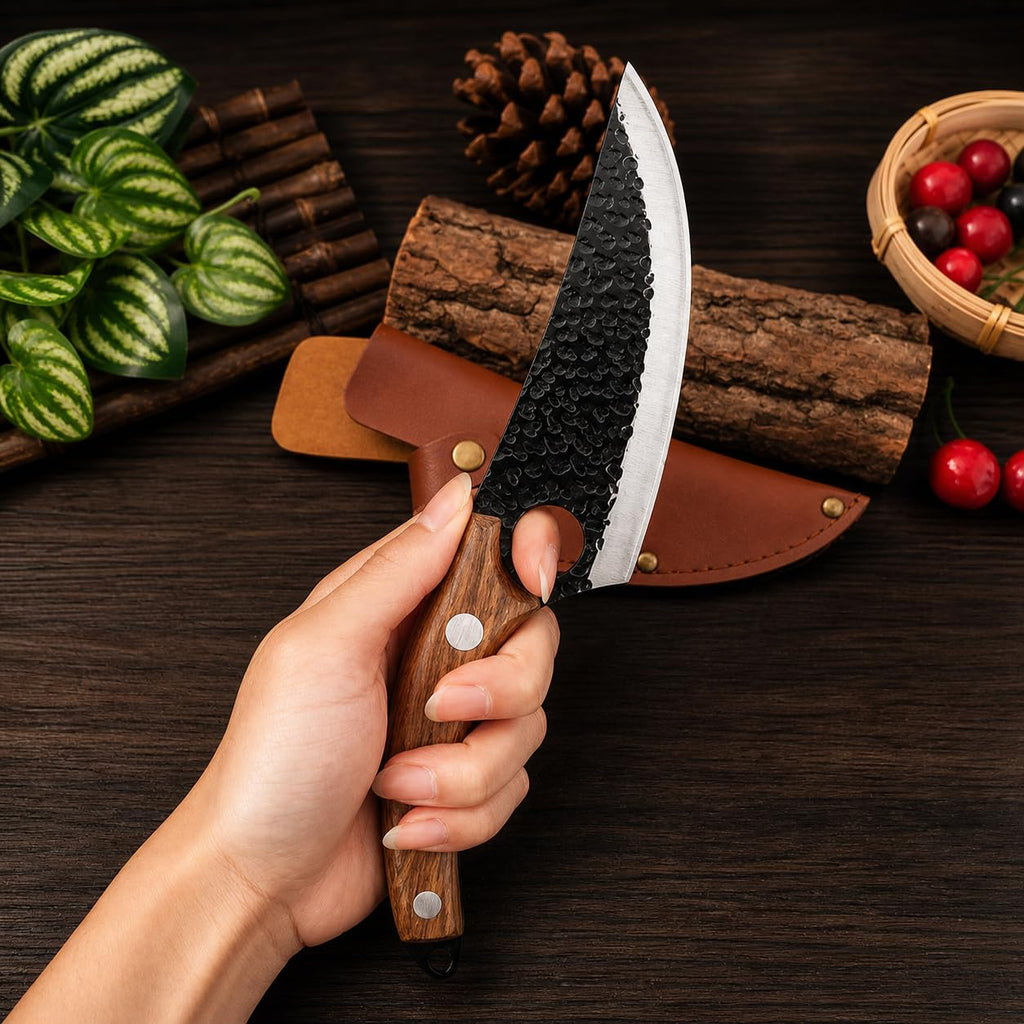 Machado Hybrid Hand-Sharpened Mongolian Knife with Leather Sheath - Forged Boning Multipurpose Meat Cleaver Butcher Knives Home & Kitchen