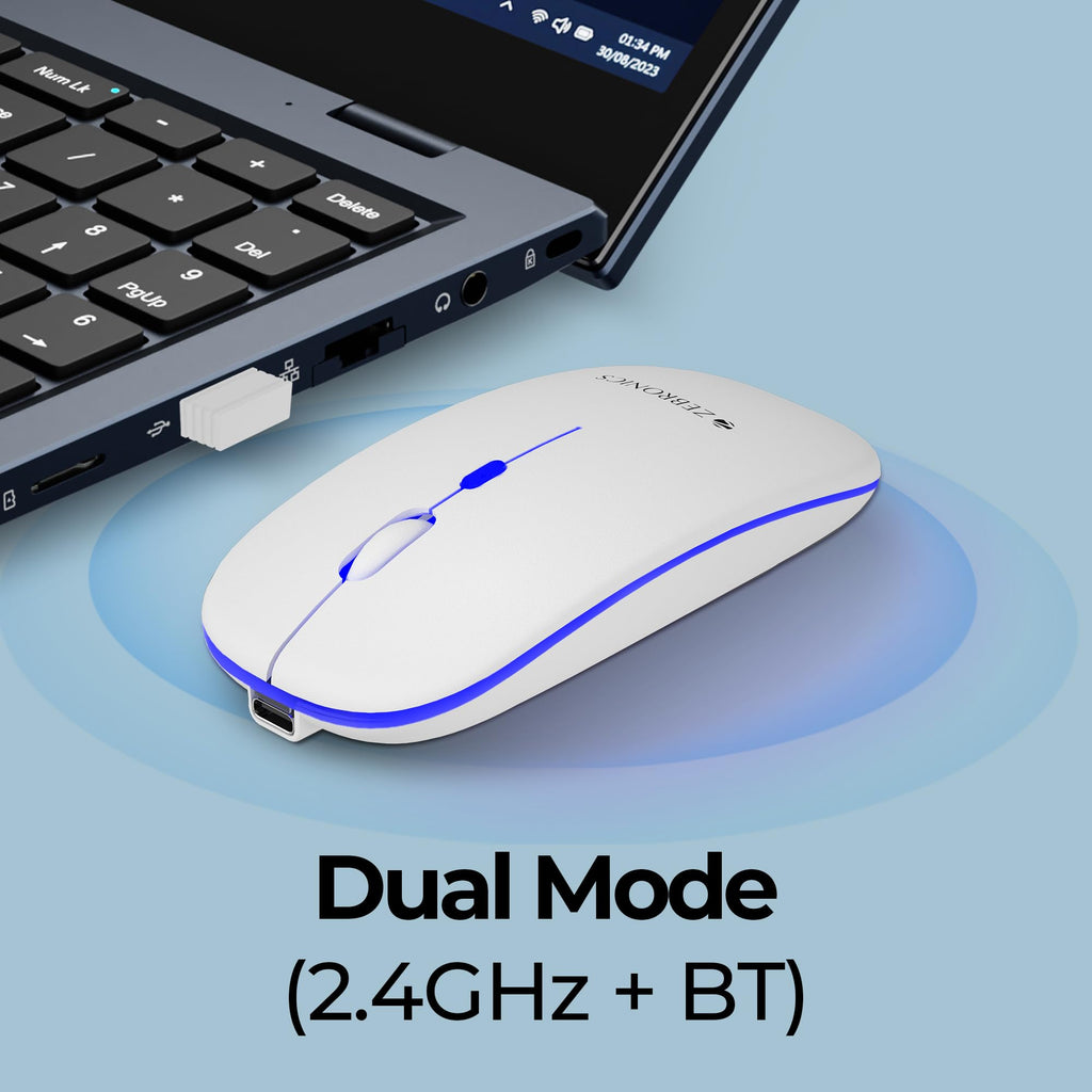 ZEBRONICS Blanc Slim Wireless Mouse with Rechargeable Battery, BT + 2.4GHz, 4 Buttons, 800/1200/1600 DPI, Silent Operation, Multicolor LED Lights
