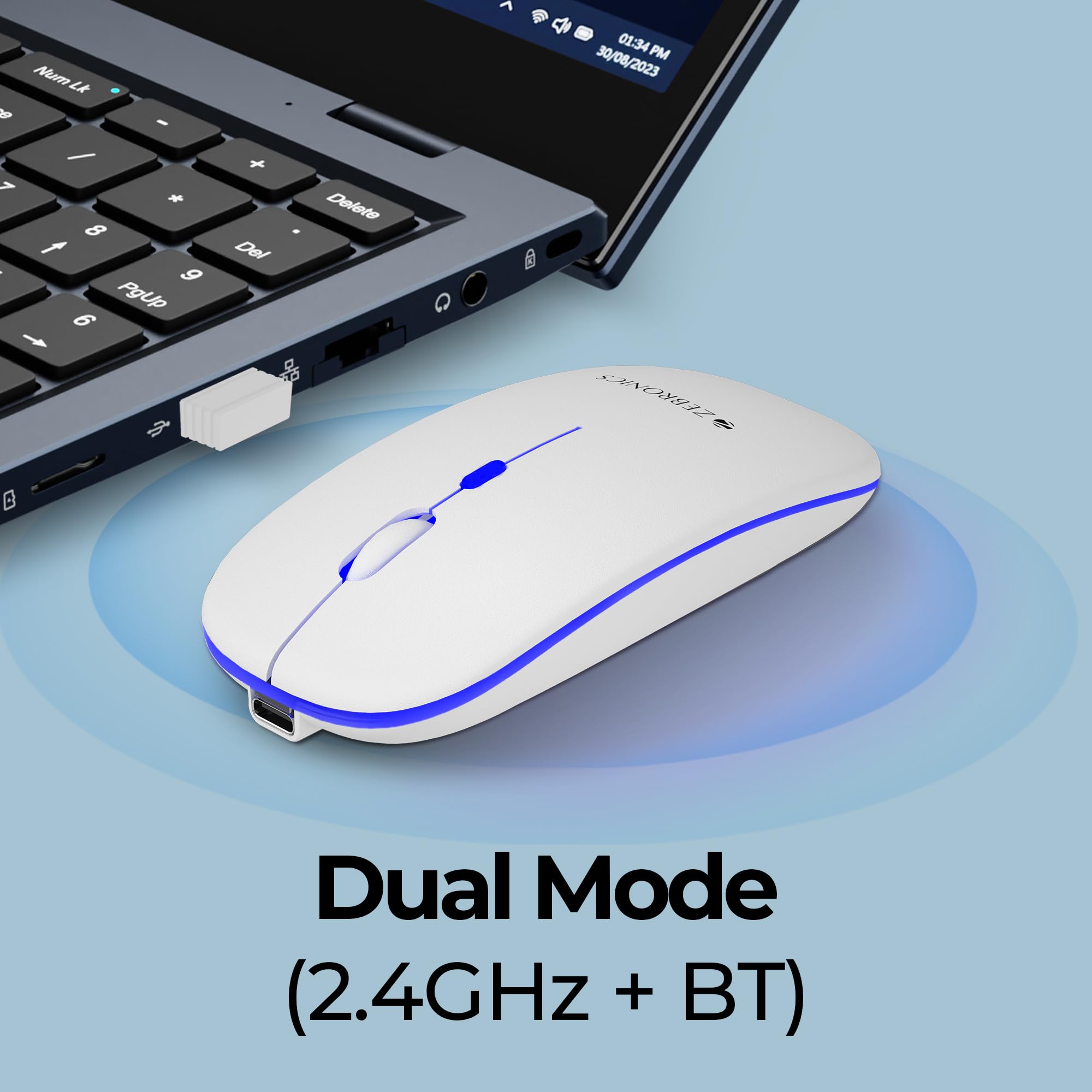 ZEBRONICS Blanc Slim Wireless Mouse with Rechargeable Battery, BT + 2.4GHz, 4 Buttons, 800/1200/1600 DPI, Silent Operation, Multicolor LED Lights