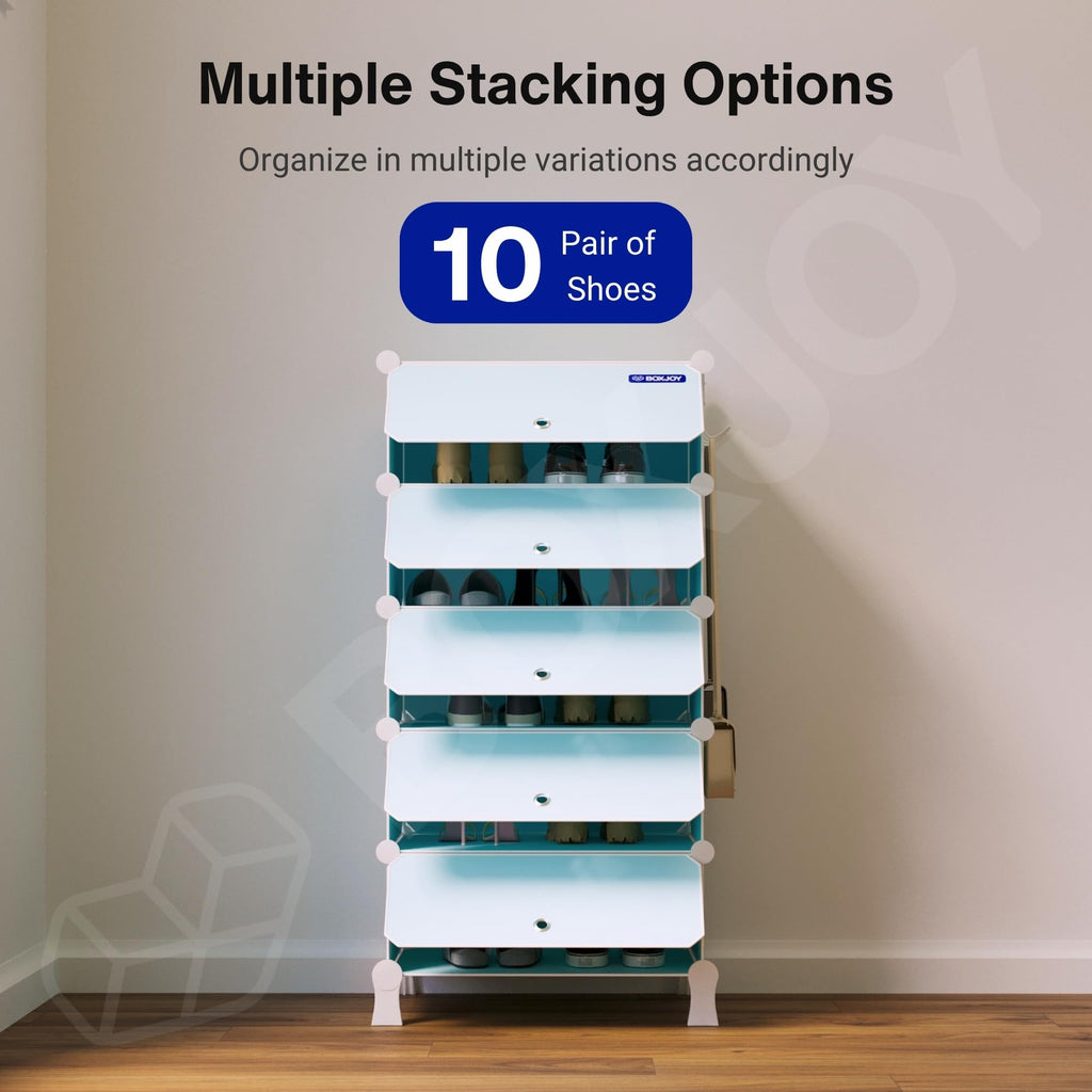BOXJOY 6 Shelf Black Shoe Rack with 3 Brown Doors & Steel Holder | Hard PET Plastic Door with Metal Frame & Wooden Hammer, Home Shoes Stand Organiser with Feet to Cover Sandals Chappal Slipper