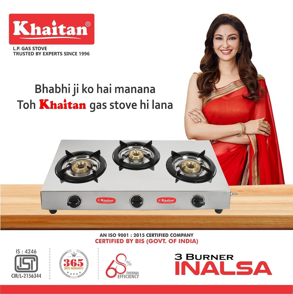 Khaitan 3 Burner Inalsa Stainless Steel Manual Gas Stove (3 Burners)
