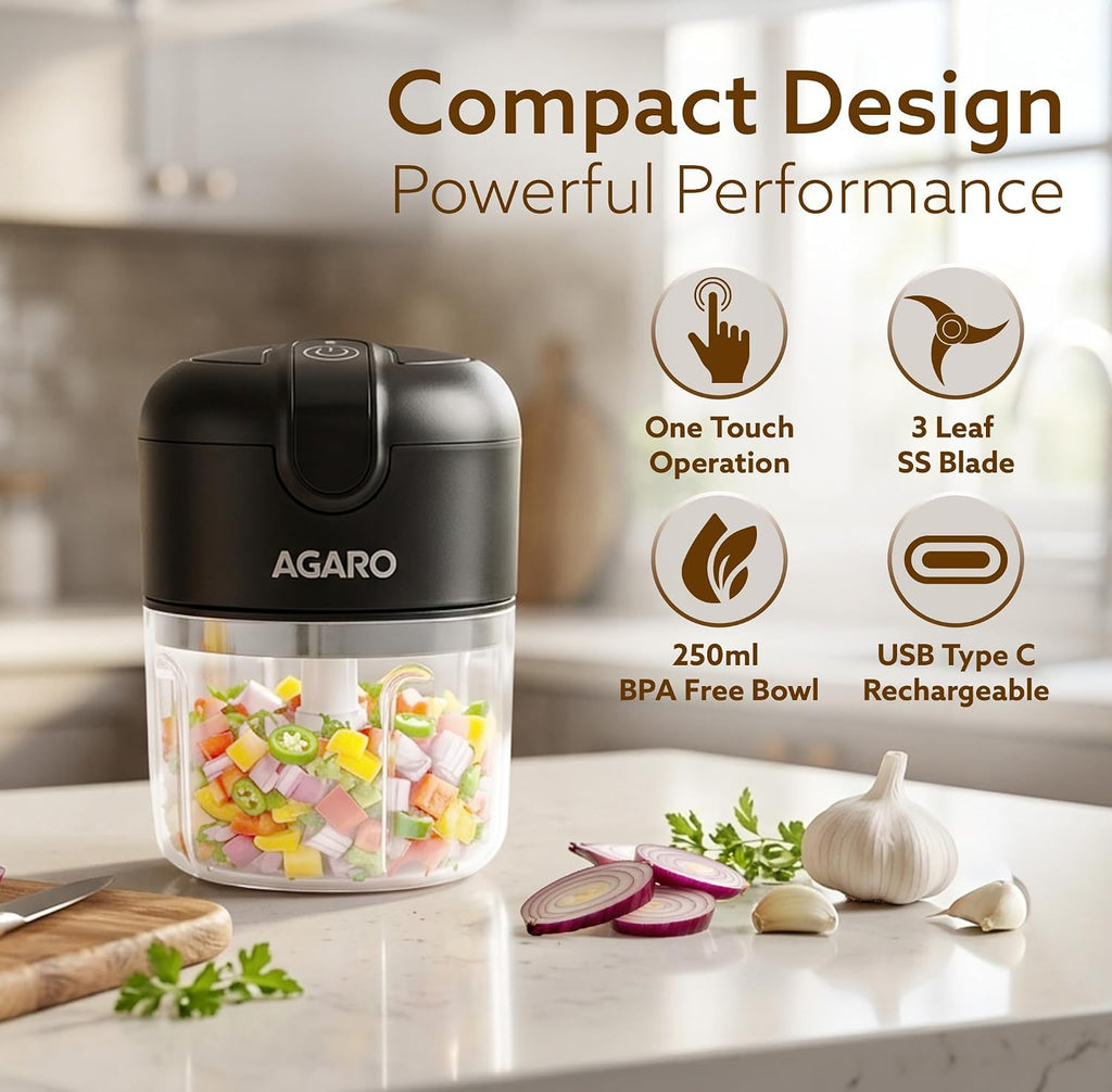 AGARO Elite Rechargeable Mini Electric Chopper, Food Grade Bowl, Stainless Steel Blades, Rechargeable, One Touch Operation, for Chopping Garlic, Ginger, Onion, Vegetable, Nuts, 250 Ml, Black