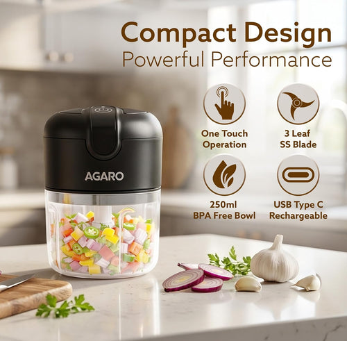 AGARO Elite Rechargeable Mini Electric Chopper, Food Grade Bowl, Stainless Steel Blades, Rechargeable, One Touch Operation, for Chopping Garlic, Ginger, Onion, Vegetable, Nuts, 250 Ml, Black