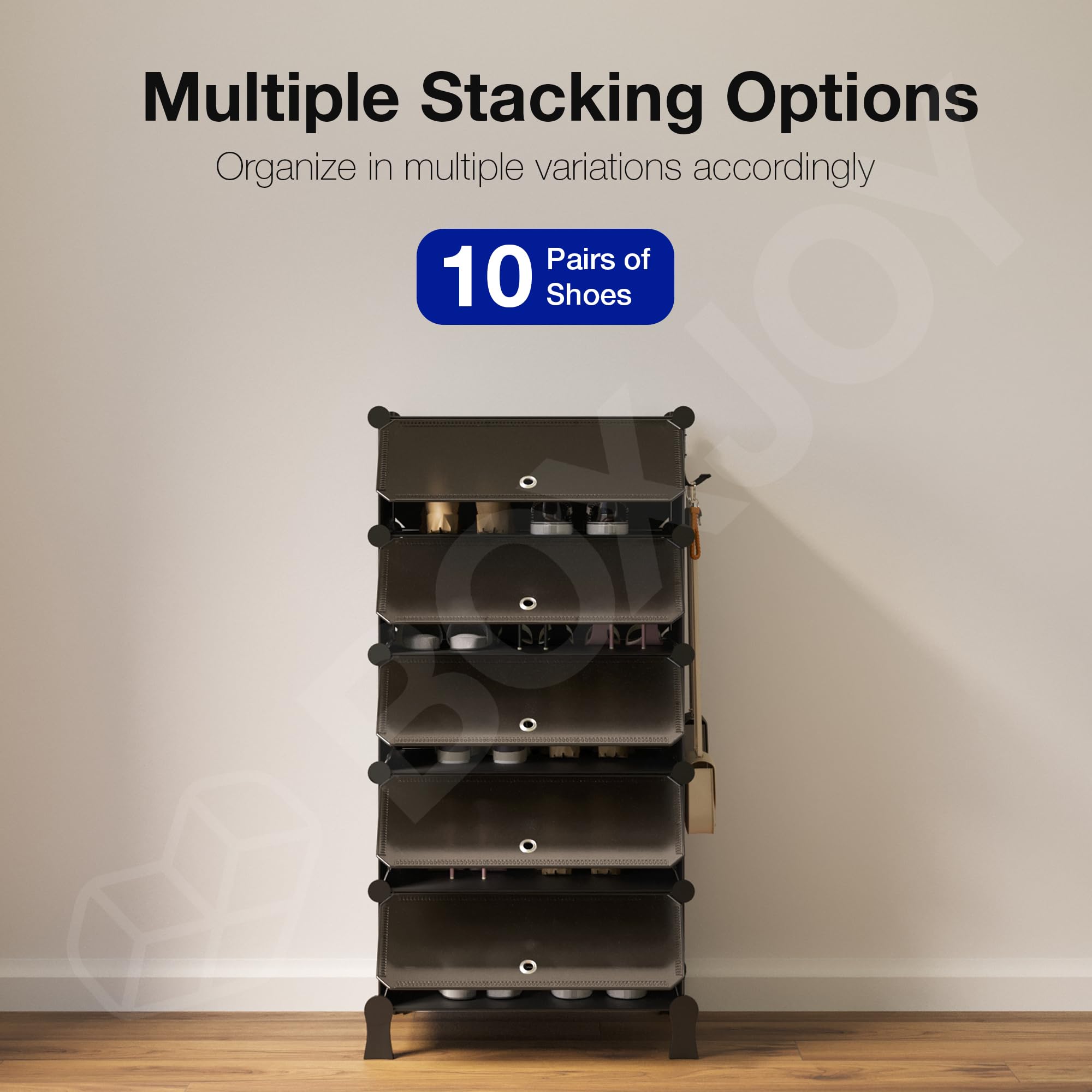 BOXJOY 6 Shelf Black Shoe Rack with 3 Brown Doors & Steel Holder | Hard PET Plastic Door with Metal Frame & Wooden Hammer, Home Shoes Stand Organiser with Feet to Cover Sandals Chappal Slipper