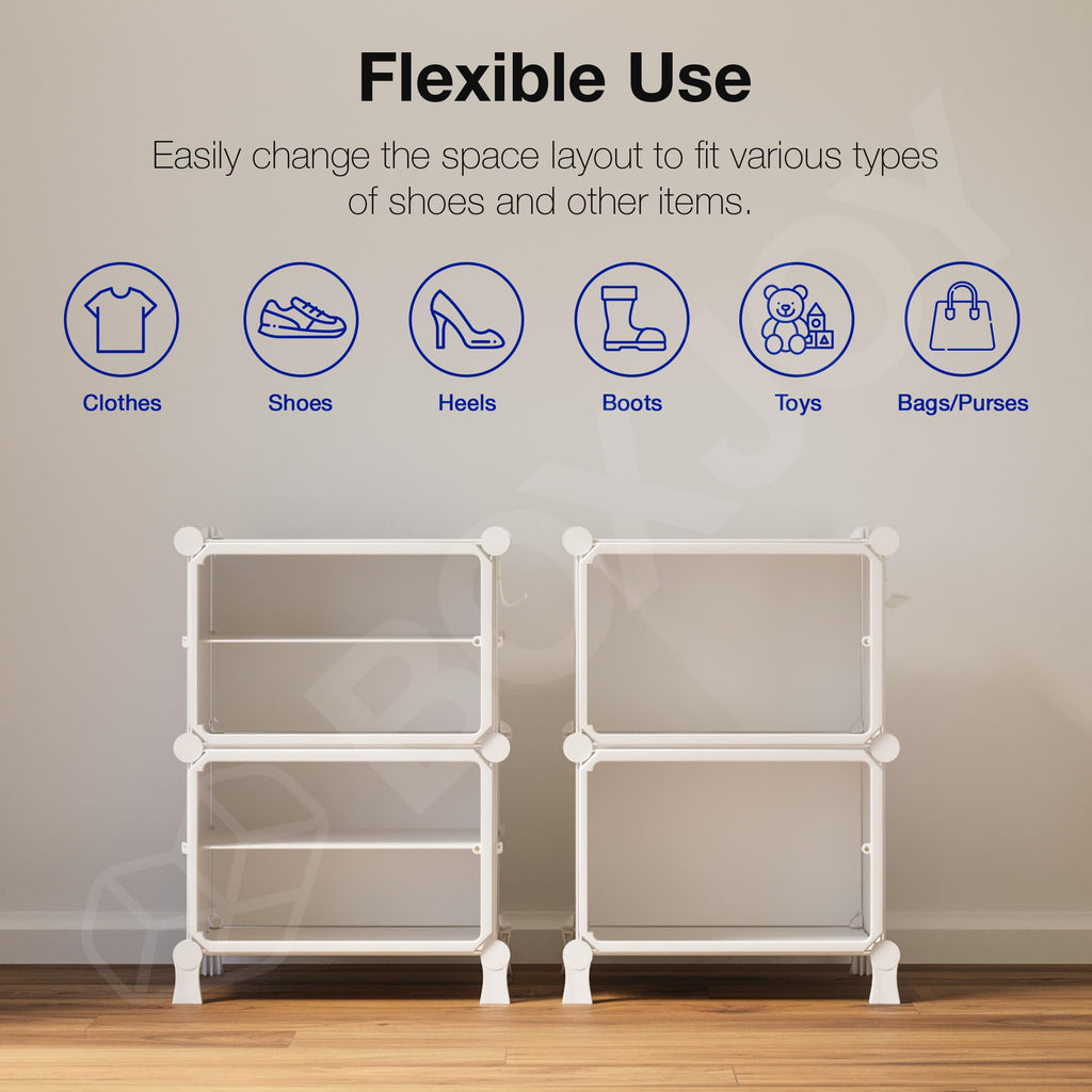 BOXJOY 6 Shelf Black Shoe Rack with 3 Brown Doors & Steel Holder | Hard PET Plastic Door with Metal Frame & Wooden Hammer, Home Shoes Stand Organiser with Feet to Cover Sandals Chappal Slipper