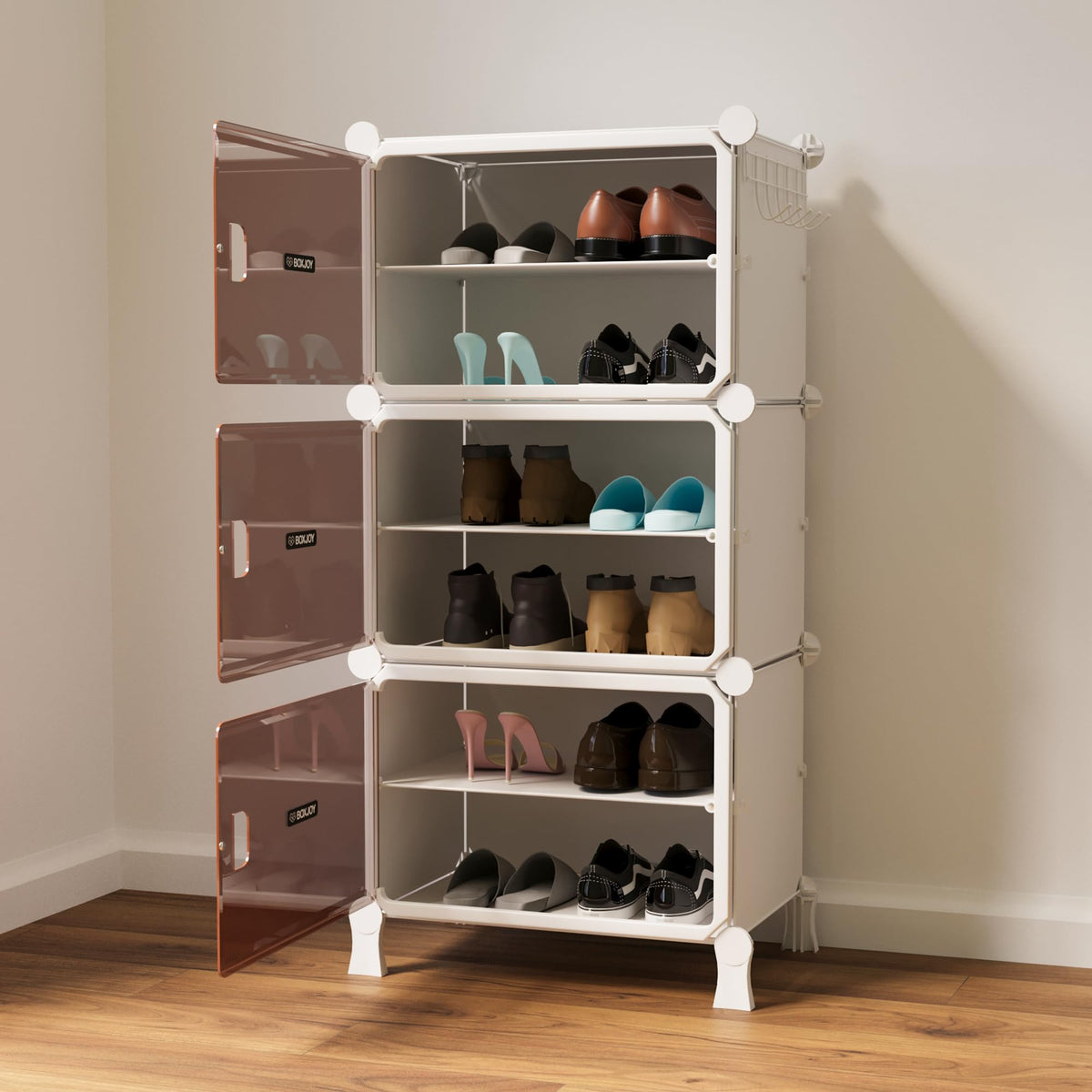 BOXJOY 6 Shelf Black Shoe Rack with 3 Brown Doors & Steel Holder | Hard PET Plastic Door with Metal Frame & Wooden Hammer, Home Shoes Stand Organiser with Feet to Cover Sandals Chappal Slipper