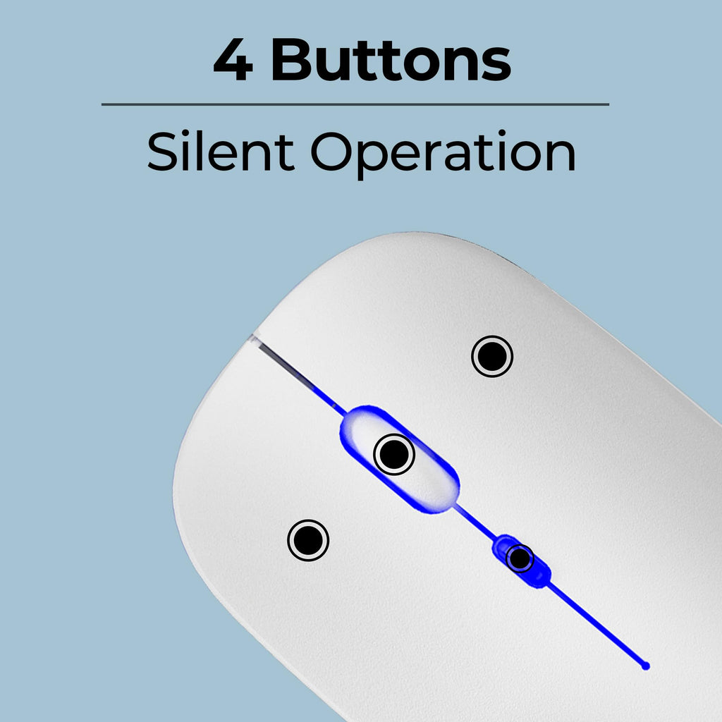 ZEBRONICS Blanc Slim Wireless Mouse with Rechargeable Battery, BT + 2.4GHz, 4 Buttons, 800/1200/1600 DPI, Silent Operation, Multicolor LED Lights