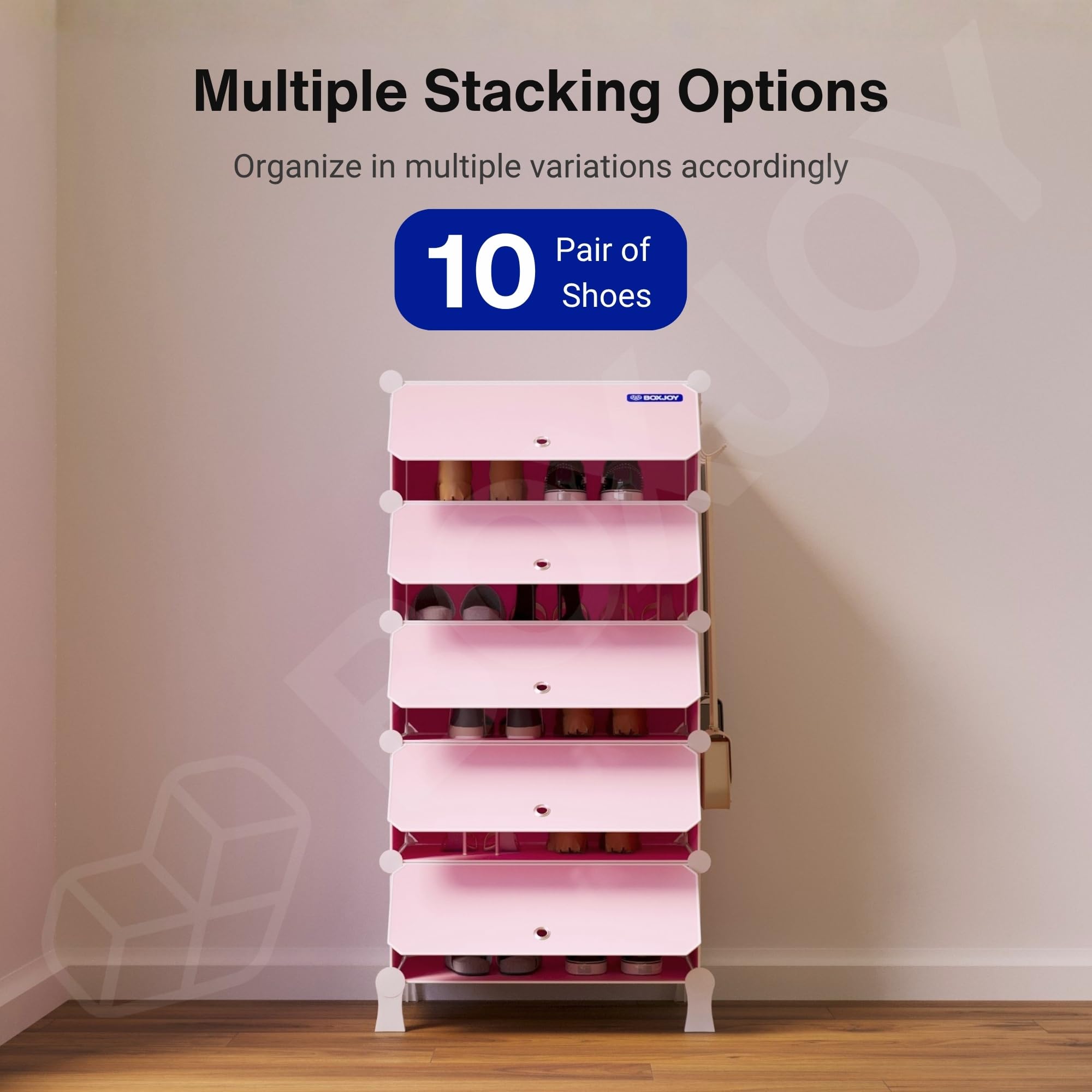 BOXJOY 6 Shelf Black Shoe Rack with 3 Brown Doors & Steel Holder | Hard PET Plastic Door with Metal Frame & Wooden Hammer, Home Shoes Stand Organiser with Feet to Cover Sandals Chappal Slipper