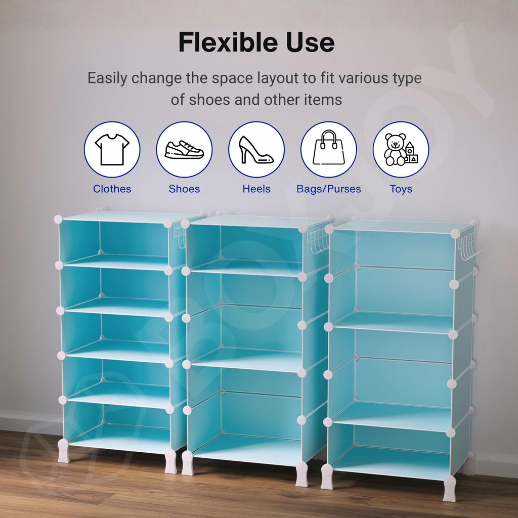 BOXJOY 6 Shelf Black Shoe Rack with 3 Brown Doors & Steel Holder | Hard PET Plastic Door with Metal Frame & Wooden Hammer, Home Shoes Stand Organiser with Feet to Cover Sandals Chappal Slipper