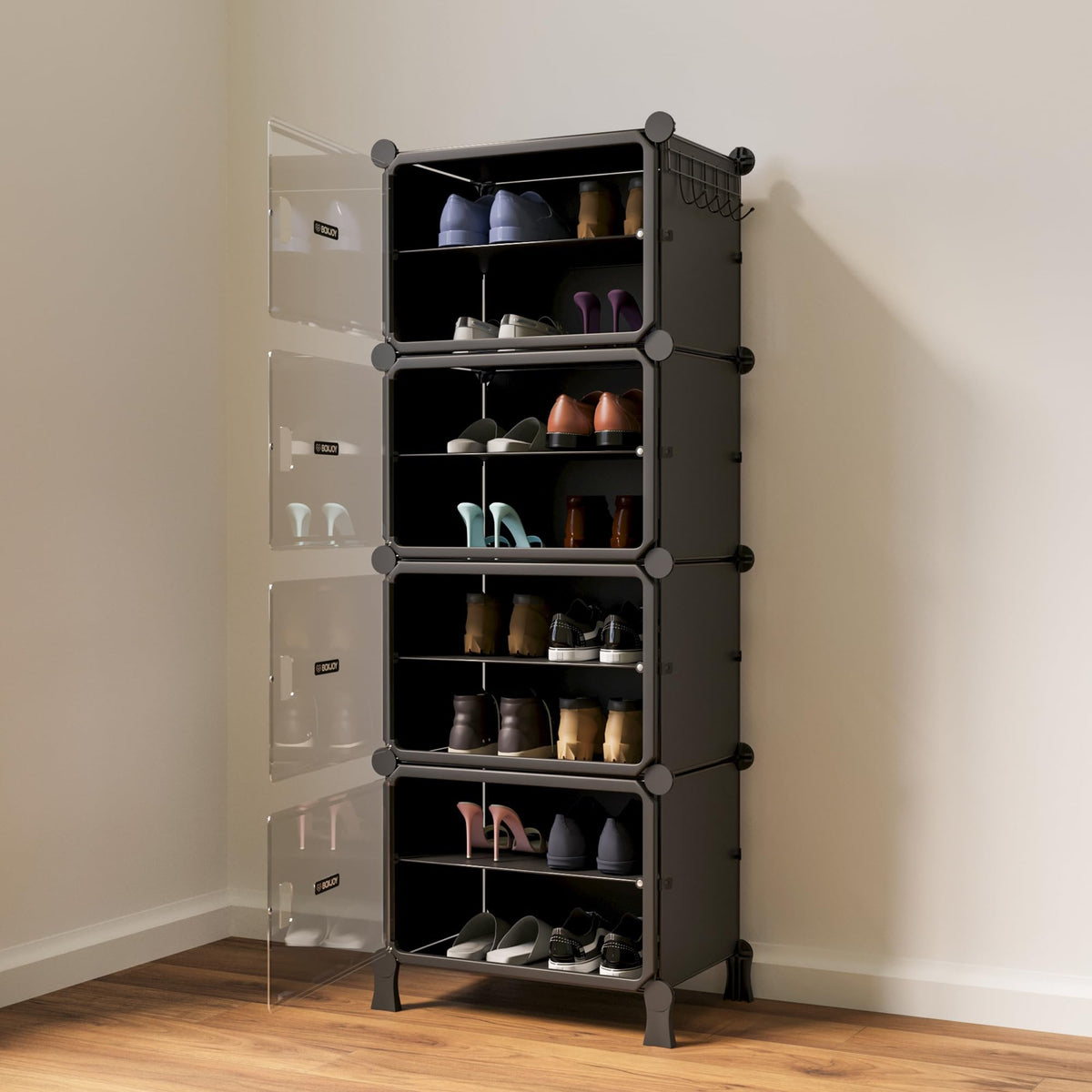 BOXJOY 6 Shelf Black Shoe Rack with 3 Brown Doors & Steel Holder | Hard PET Plastic Door with Metal Frame & Wooden Hammer, Home Shoes Stand Organiser with Feet to Cover Sandals Chappal Slipper
