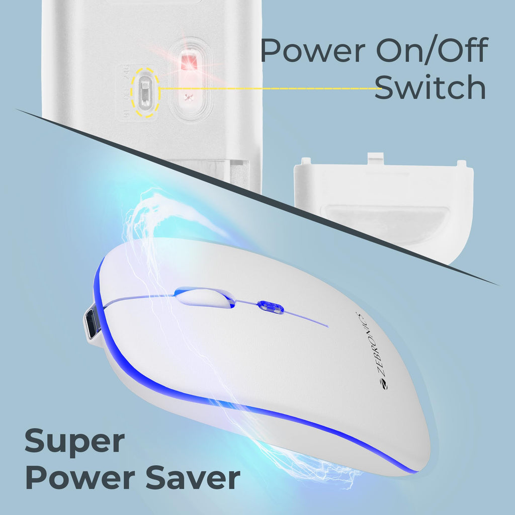 ZEBRONICS Blanc Slim Wireless Mouse with Rechargeable Battery, BT + 2.4GHz, 4 Buttons, 800/1200/1600 DPI, Silent Operation, Multicolor LED Lights