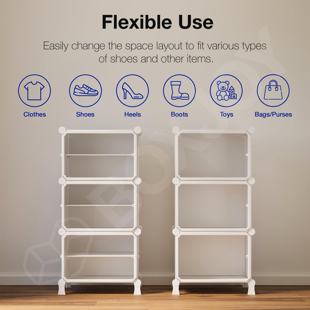 BOXJOY 6 Shelf Black Shoe Rack with 3 Brown Doors & Steel Holder | Hard PET Plastic Door with Metal Frame & Wooden Hammer, Home Shoes Stand Organiser with Feet to Cover Sandals Chappal Slipper