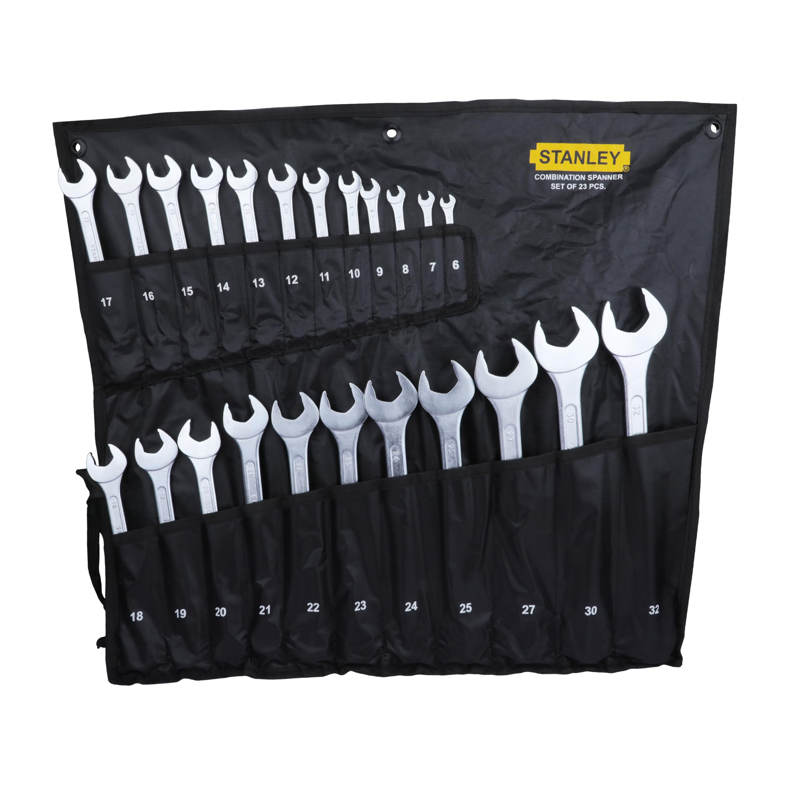 STANLEY 70-964E 12-Piece Combination Spanner Set With Maxi-Drive System, 6mm to 22mm, Chrome-Vanadium Steel, Anti-Slip Design on Open End, Anti-Rust, Matt Finish, Silver