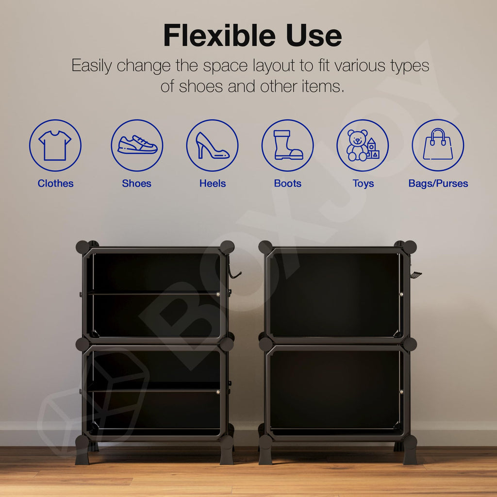 BOXJOY 6 Shelf Black Shoe Rack with 3 Brown Doors & Steel Holder | Hard PET Plastic Door with Metal Frame & Wooden Hammer, Home Shoes Stand Organiser with Feet to Cover Sandals Chappal Slipper