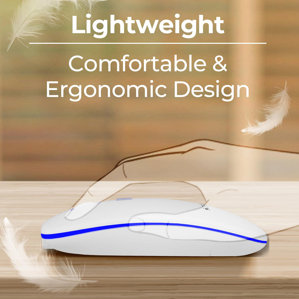 ZEBRONICS Blanc Slim Wireless Mouse with Rechargeable Battery, BT + 2.4GHz, 4 Buttons, 800/1200/1600 DPI, Silent Operation, Multicolor LED Lights