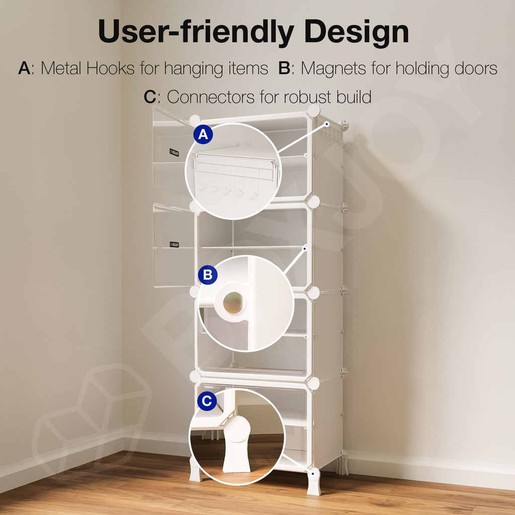 BOXJOY 6 Shelf Black Shoe Rack with 3 Brown Doors & Steel Holder | Hard PET Plastic Door with Metal Frame & Wooden Hammer, Home Shoes Stand Organiser with Feet to Cover Sandals Chappal Slipper