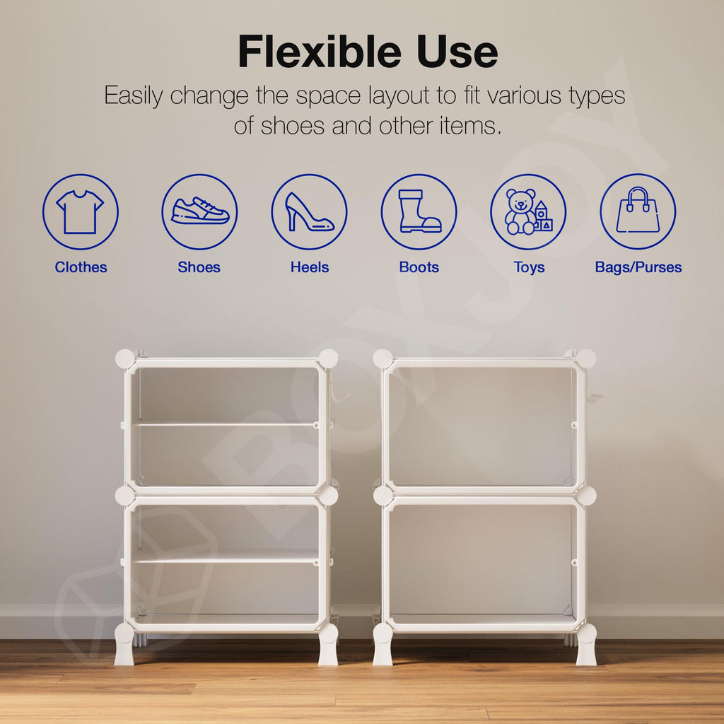 BOXJOY 6 Shelf Black Shoe Rack with 3 Brown Doors & Steel Holder | Hard PET Plastic Door with Metal Frame & Wooden Hammer, Home Shoes Stand Organiser with Feet to Cover Sandals Chappal Slipper