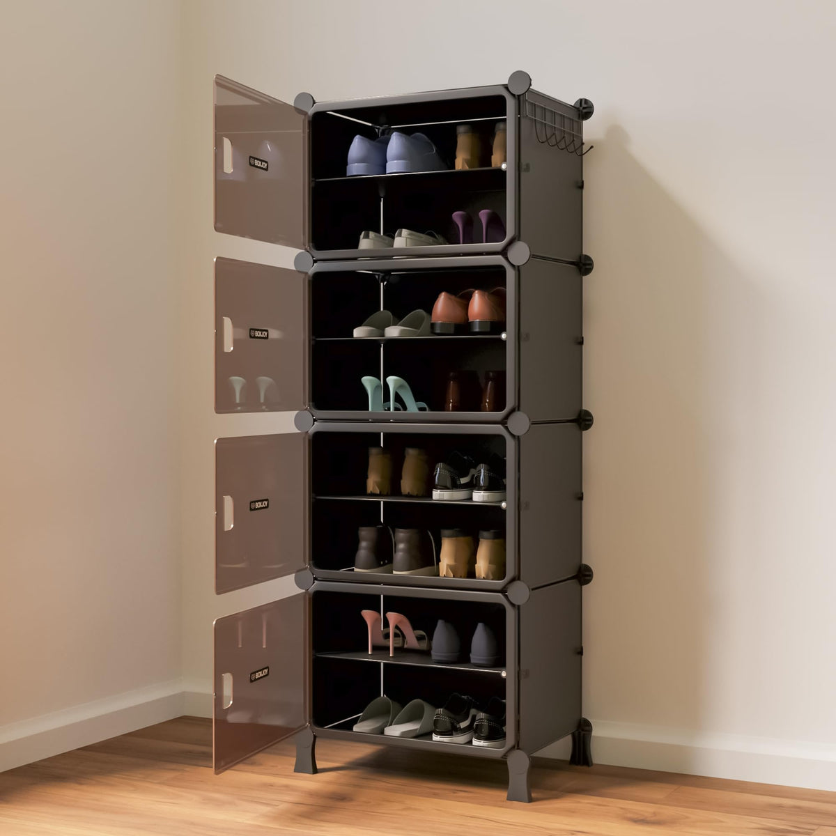 BOXJOY 6 Shelf Black Shoe Rack with 3 Brown Doors & Steel Holder | Hard PET Plastic Door with Metal Frame & Wooden Hammer, Home Shoes Stand Organiser with Feet to Cover Sandals Chappal Slipper
