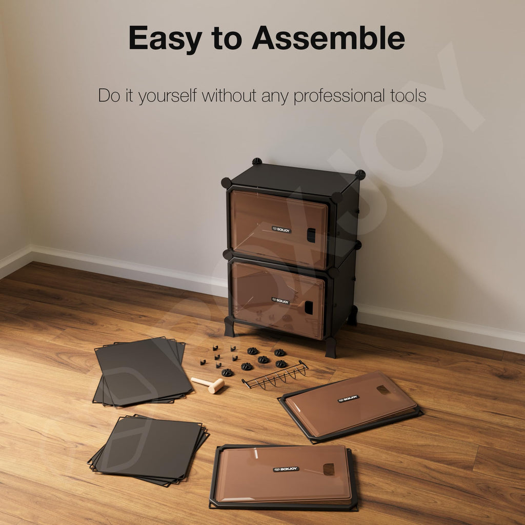 BOXJOY 6 Shelf Black Shoe Rack with 3 Brown Doors & Steel Holder | Hard PET Plastic Door with Metal Frame & Wooden Hammer, Home Shoes Stand Organiser with Feet to Cover Sandals Chappal Slipper