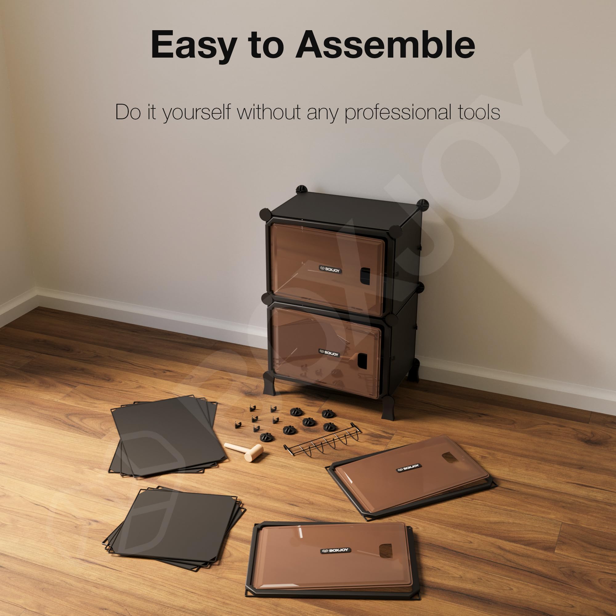 BOXJOY 6 Shelf Black Shoe Rack with 3 Brown Doors & Steel Holder | Hard PET Plastic Door with Metal Frame & Wooden Hammer, Home Shoes Stand Organiser with Feet to Cover Sandals Chappal Slipper