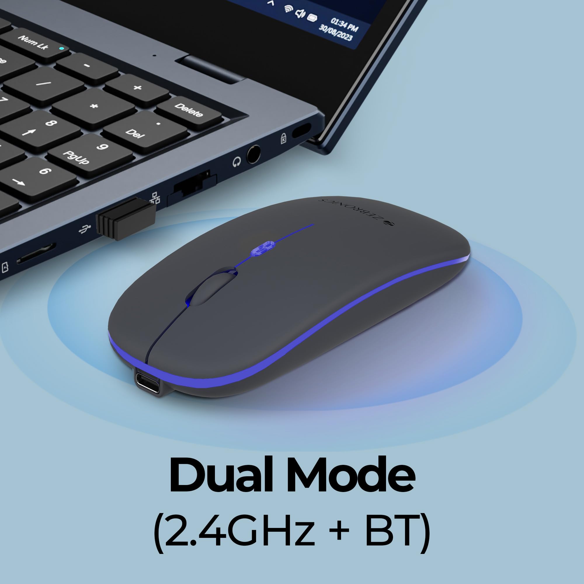 ZEBRONICS Blanc Slim Wireless Mouse with Rechargeable Battery, BT + 2.4GHz, 4 Buttons, 800/1200/1600 DPI, Silent Operation, Multicolor LED Lights