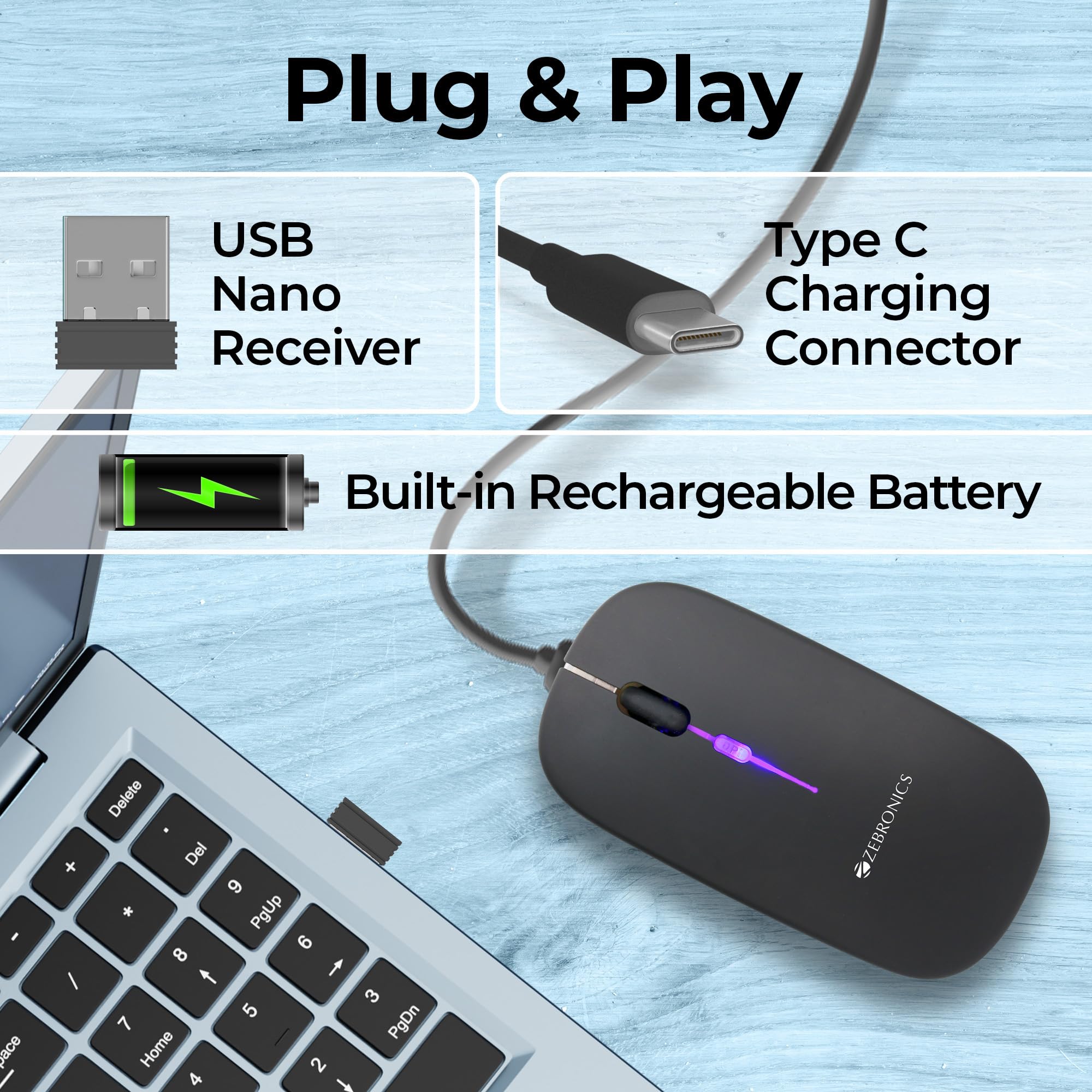 ZEBRONICS Blanc Slim Wireless Mouse with Rechargeable Battery, BT + 2.4GHz, 4 Buttons, 800/1200/1600 DPI, Silent Operation, Multicolor LED Lights