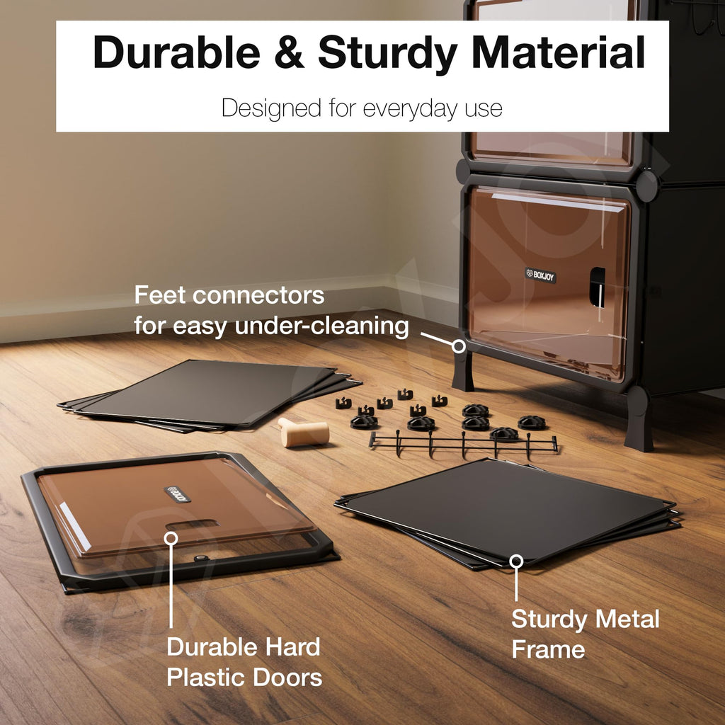 BOXJOY 6 Shelf Black Shoe Rack with 3 Brown Doors & Steel Holder | Hard PET Plastic Door with Metal Frame & Wooden Hammer, Home Shoes Stand Organiser with Feet to Cover Sandals Chappal Slipper