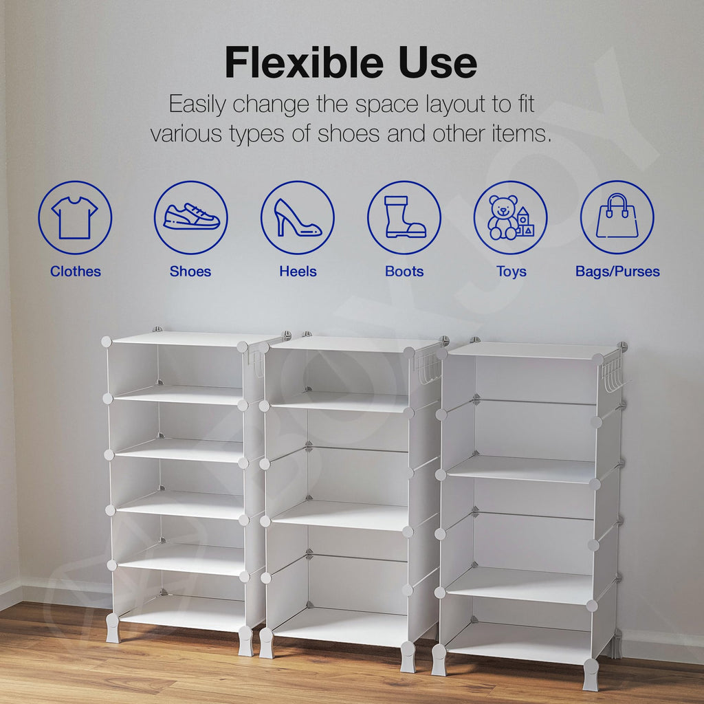 BOXJOY 6 Shelf Black Shoe Rack with 3 Brown Doors & Steel Holder | Hard PET Plastic Door with Metal Frame & Wooden Hammer, Home Shoes Stand Organiser with Feet to Cover Sandals Chappal Slipper