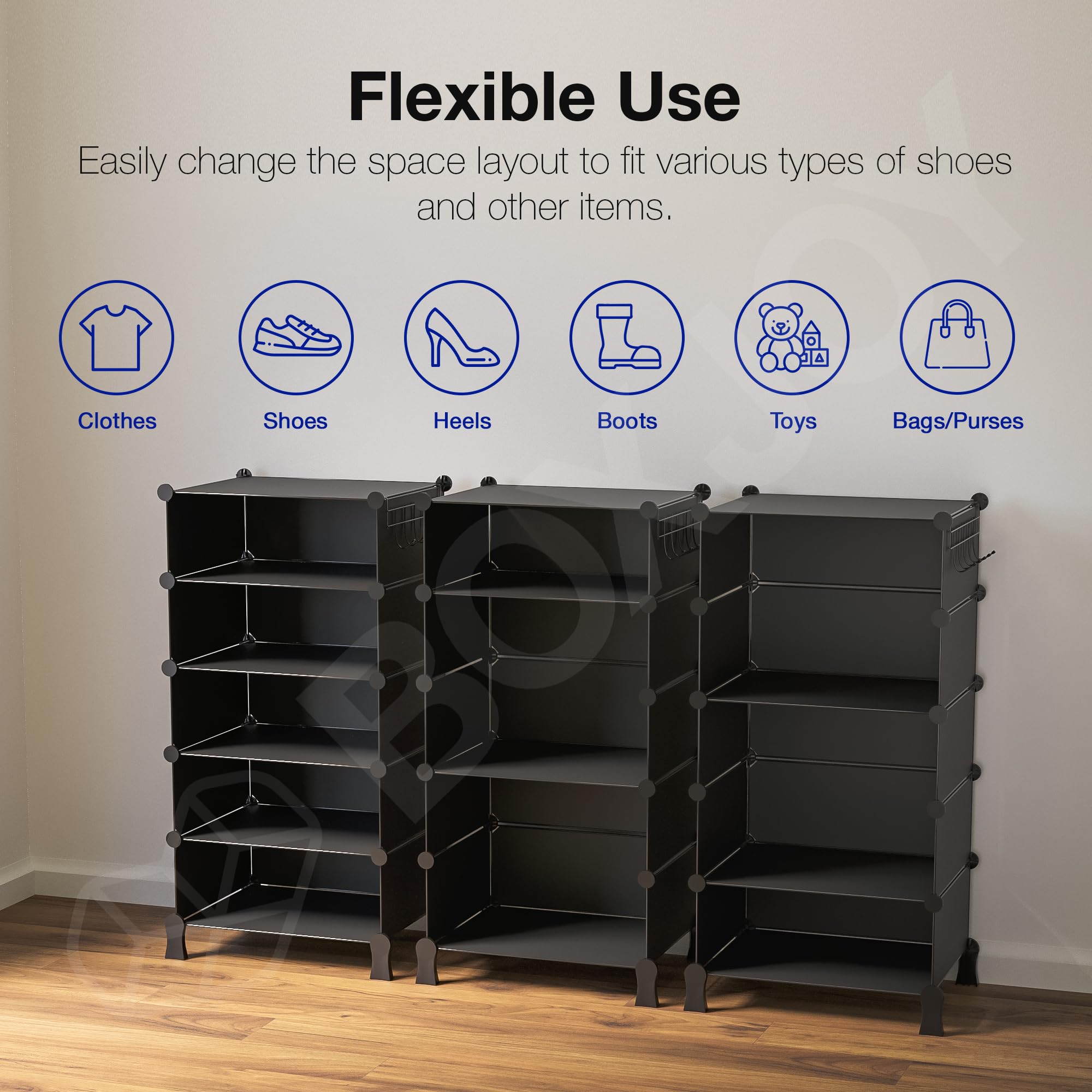 BOXJOY 6 Shelf Black Shoe Rack with 3 Brown Doors & Steel Holder | Hard PET Plastic Door with Metal Frame & Wooden Hammer, Home Shoes Stand Organiser with Feet to Cover Sandals Chappal Slipper