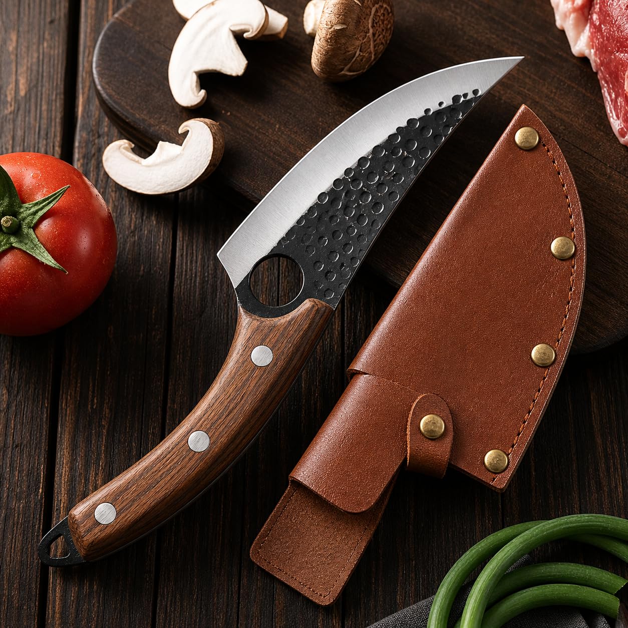 Machado Hybrid Hand-Sharpened Mongolian Knife with Leather Sheath - Forged Boning Multipurpose Meat Cleaver Butcher Knives Home & Kitchen