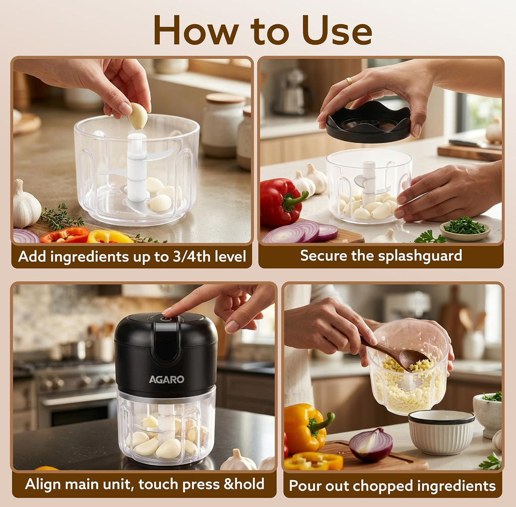AGARO Elite Rechargeable Mini Electric Chopper, Food Grade Bowl, Stainless Steel Blades, Rechargeable, One Touch Operation, for Chopping Garlic, Ginger, Onion, Vegetable, Nuts, 250 Ml, Black
