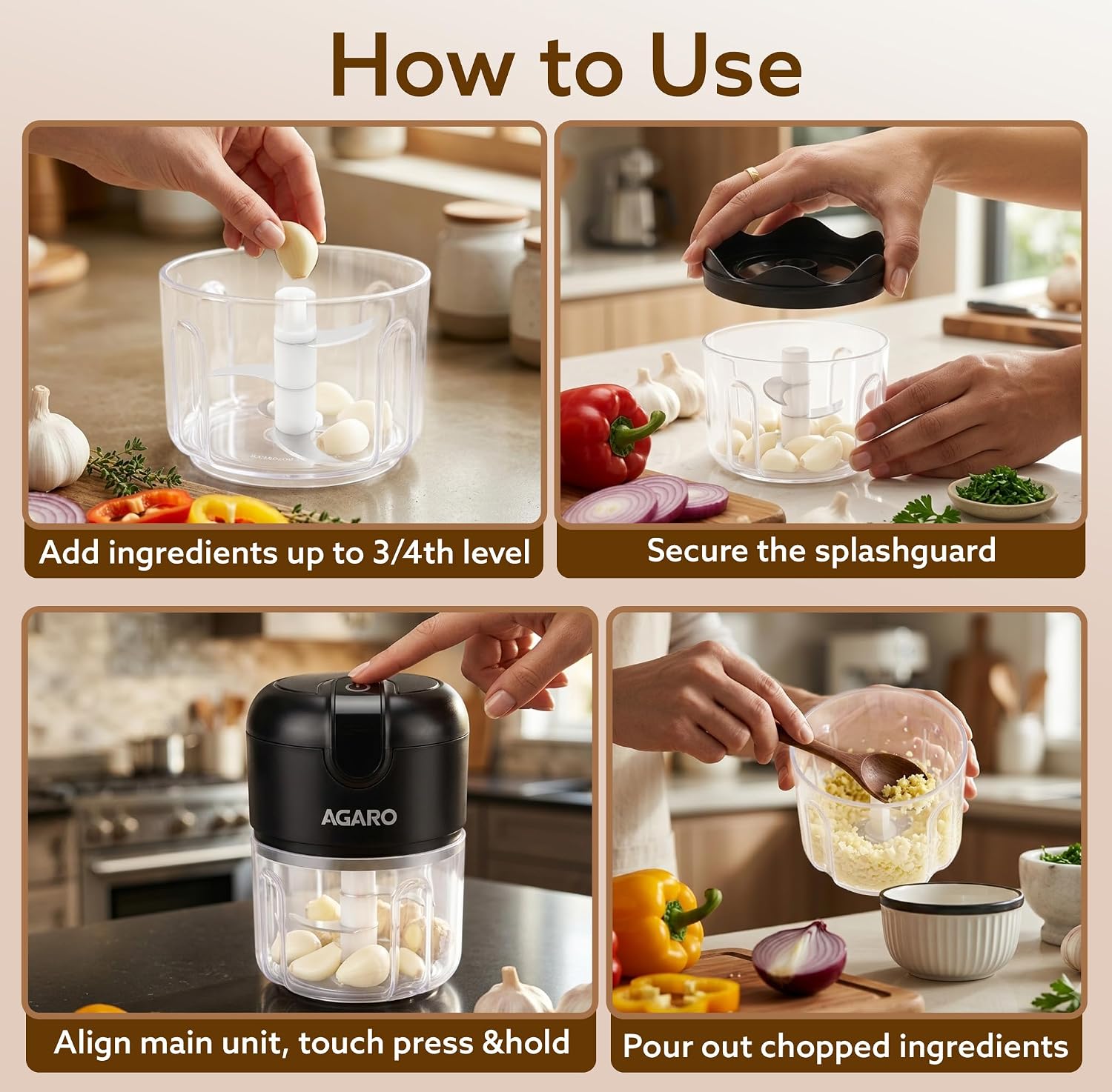 AGARO Elite Rechargeable Mini Electric Chopper, Food Grade Bowl, Stainless Steel Blades, Rechargeable, One Touch Operation, for Chopping Garlic, Ginger, Onion, Vegetable, Nuts, 250 Ml, Black