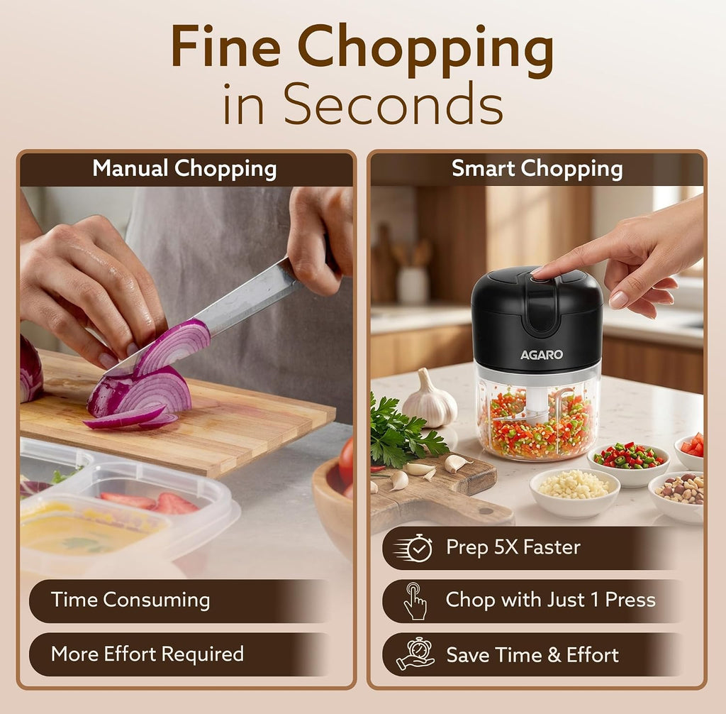 AGARO Elite Rechargeable Mini Electric Chopper, Food Grade Bowl, Stainless Steel Blades, Rechargeable, One Touch Operation, for Chopping Garlic, Ginger, Onion, Vegetable, Nuts, 250 Ml, Black