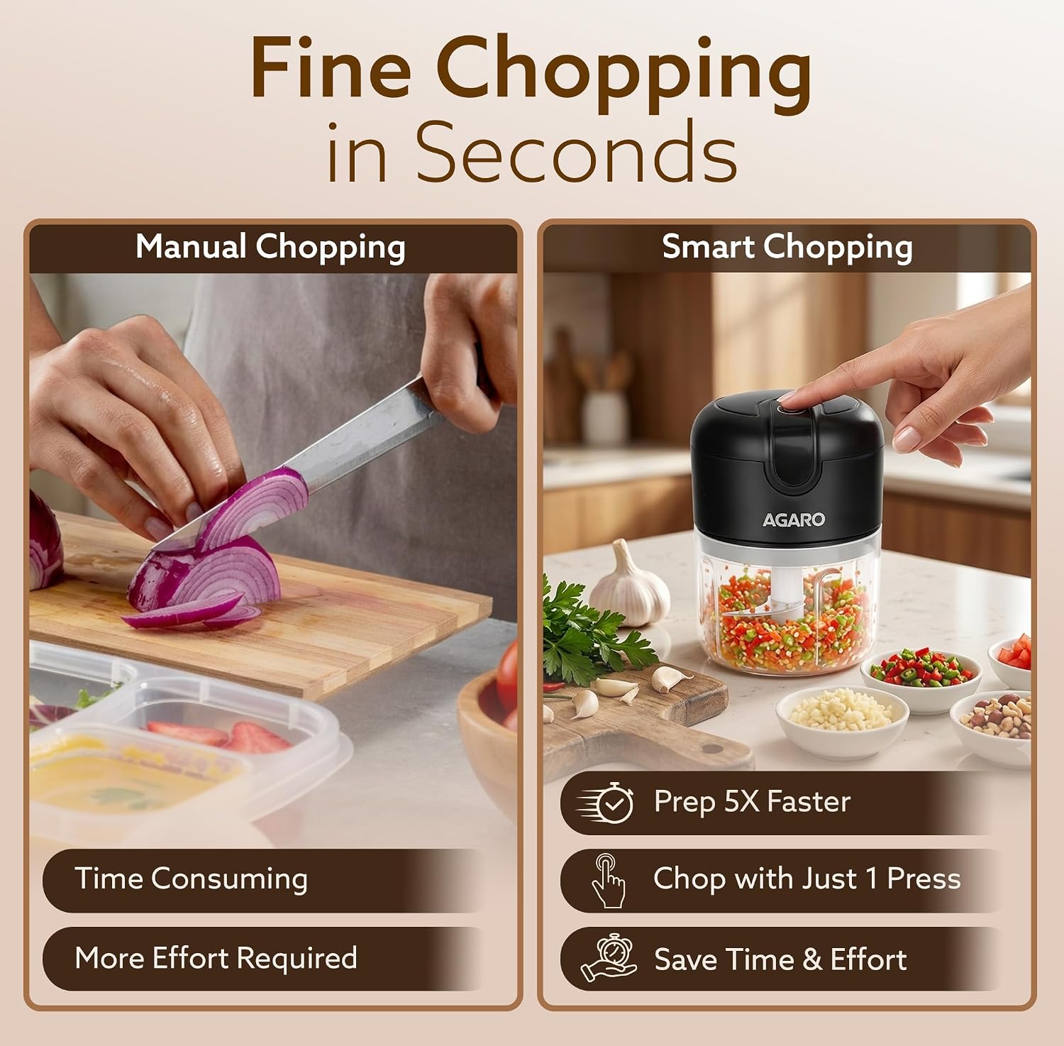 AGARO Elite Rechargeable Mini Electric Chopper, Food Grade Bowl, Stainless Steel Blades, Rechargeable, One Touch Operation, for Chopping Garlic, Ginger, Onion, Vegetable, Nuts, 250 Ml, Black