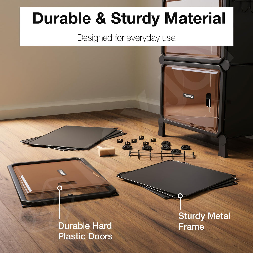 BOXJOY 6 Shelf Black Shoe Rack with 3 Brown Doors & Steel Holder | Hard PET Plastic Door with Metal Frame & Wooden Hammer, Home Shoes Stand Organiser with Feet to Cover Sandals Chappal Slipper