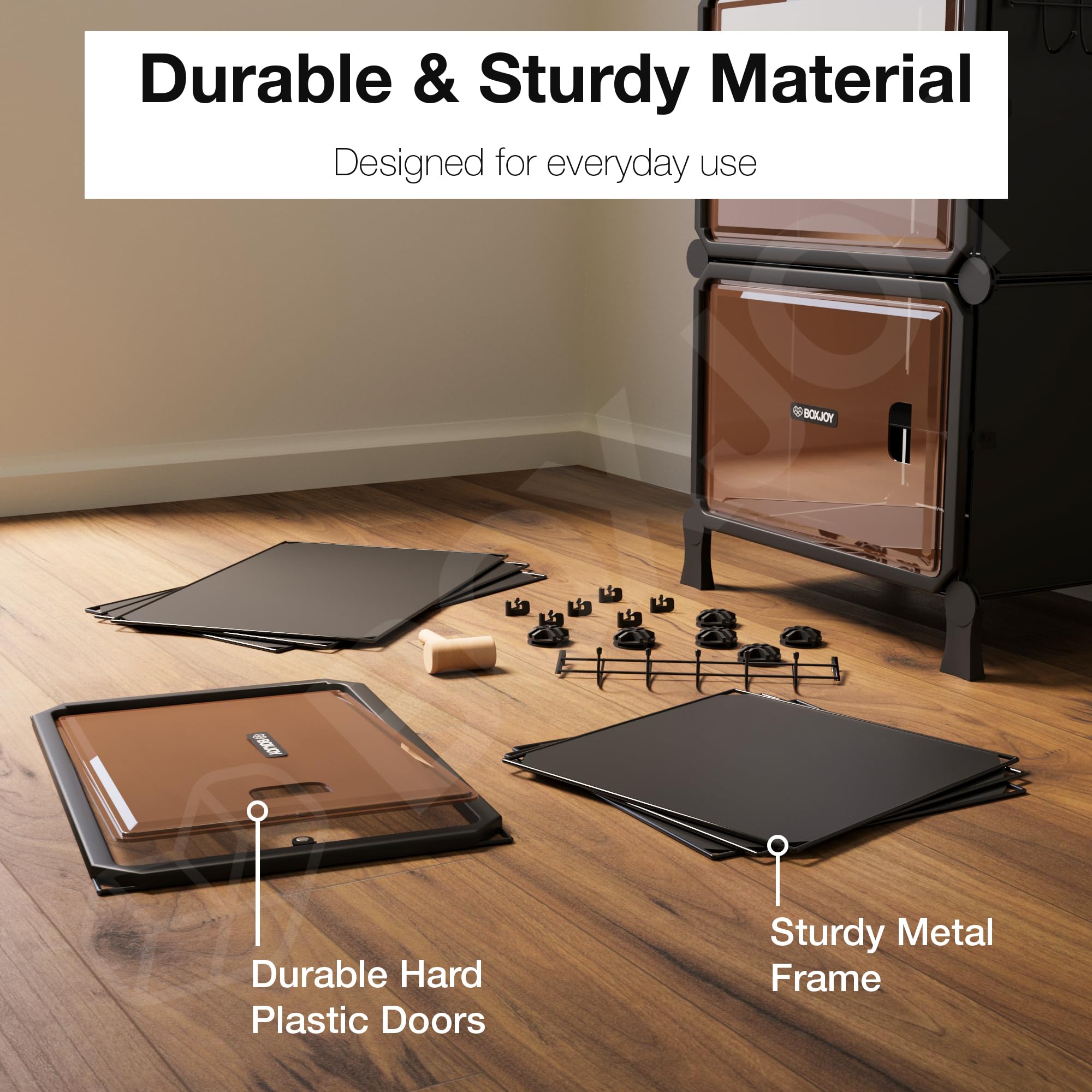 BOXJOY 6 Shelf Black Shoe Rack with 3 Brown Doors & Steel Holder | Hard PET Plastic Door with Metal Frame & Wooden Hammer, Home Shoes Stand Organiser with Feet to Cover Sandals Chappal Slipper