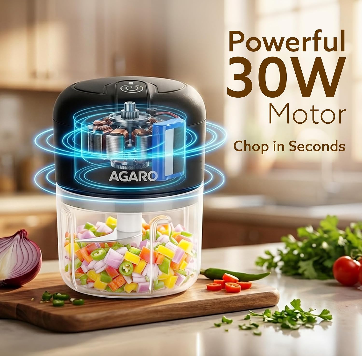 AGARO Elite Rechargeable Mini Electric Chopper, Food Grade Bowl, Stainless Steel Blades, Rechargeable, One Touch Operation, for Chopping Garlic, Ginger, Onion, Vegetable, Nuts, 250 Ml, Black