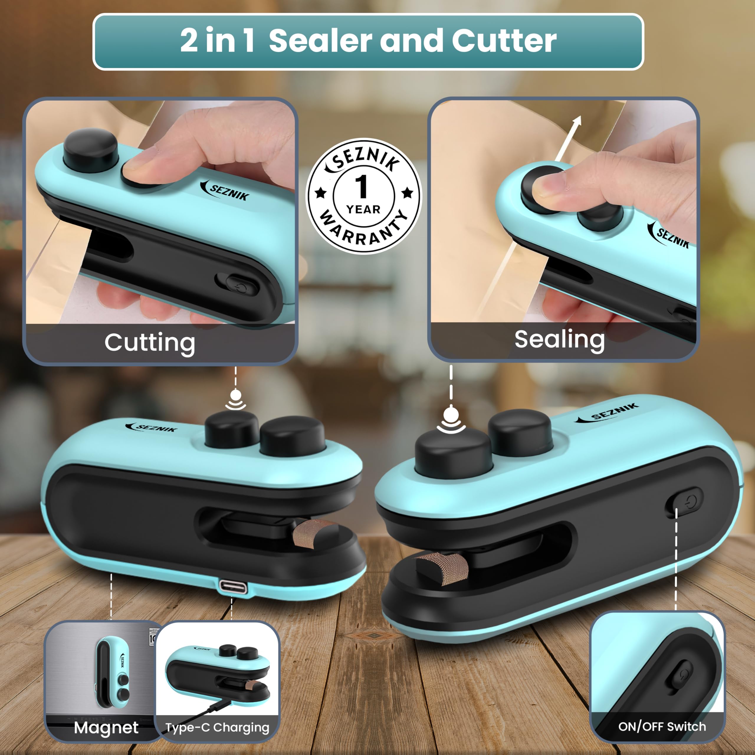 Seznik Sealing Machine for Food Packets - Portable Handheld Sealing, Snacks, Chips, Fresh Storage - Mini Sealing Machine, 1 YEAR Warranty (Dark Green)