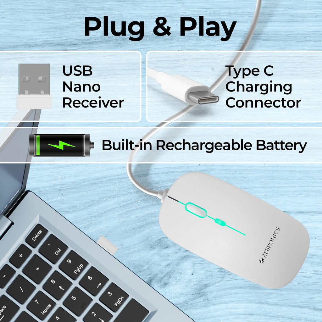 ZEBRONICS Blanc Slim Wireless Mouse with Rechargeable Battery, BT + 2.4GHz, 4 Buttons, 800/1200/1600 DPI, Silent Operation, Multicolor LED Lights