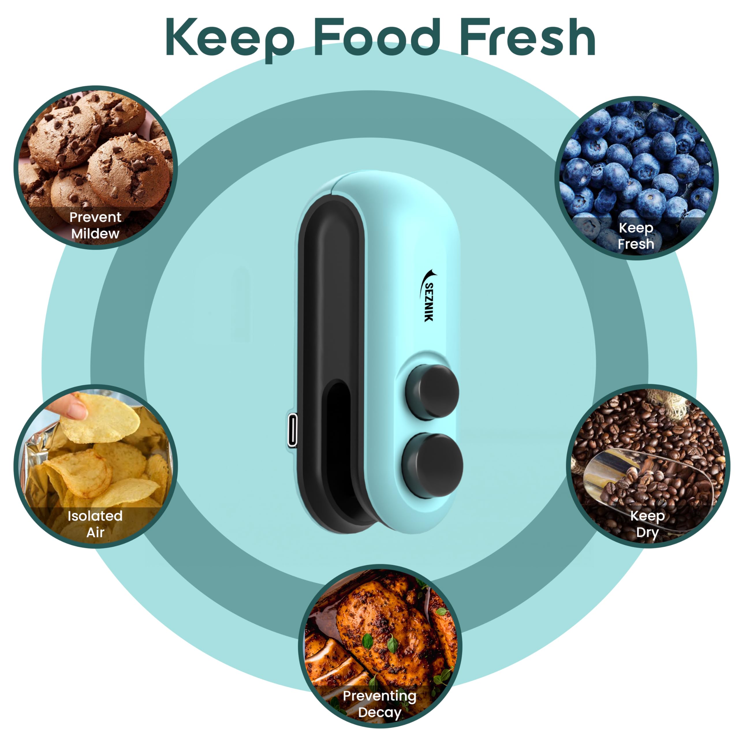 Seznik Sealing Machine for Food Packets - Portable Handheld Sealing, Snacks, Chips, Fresh Storage - Mini Sealing Machine, 1 YEAR Warranty (Dark Green)